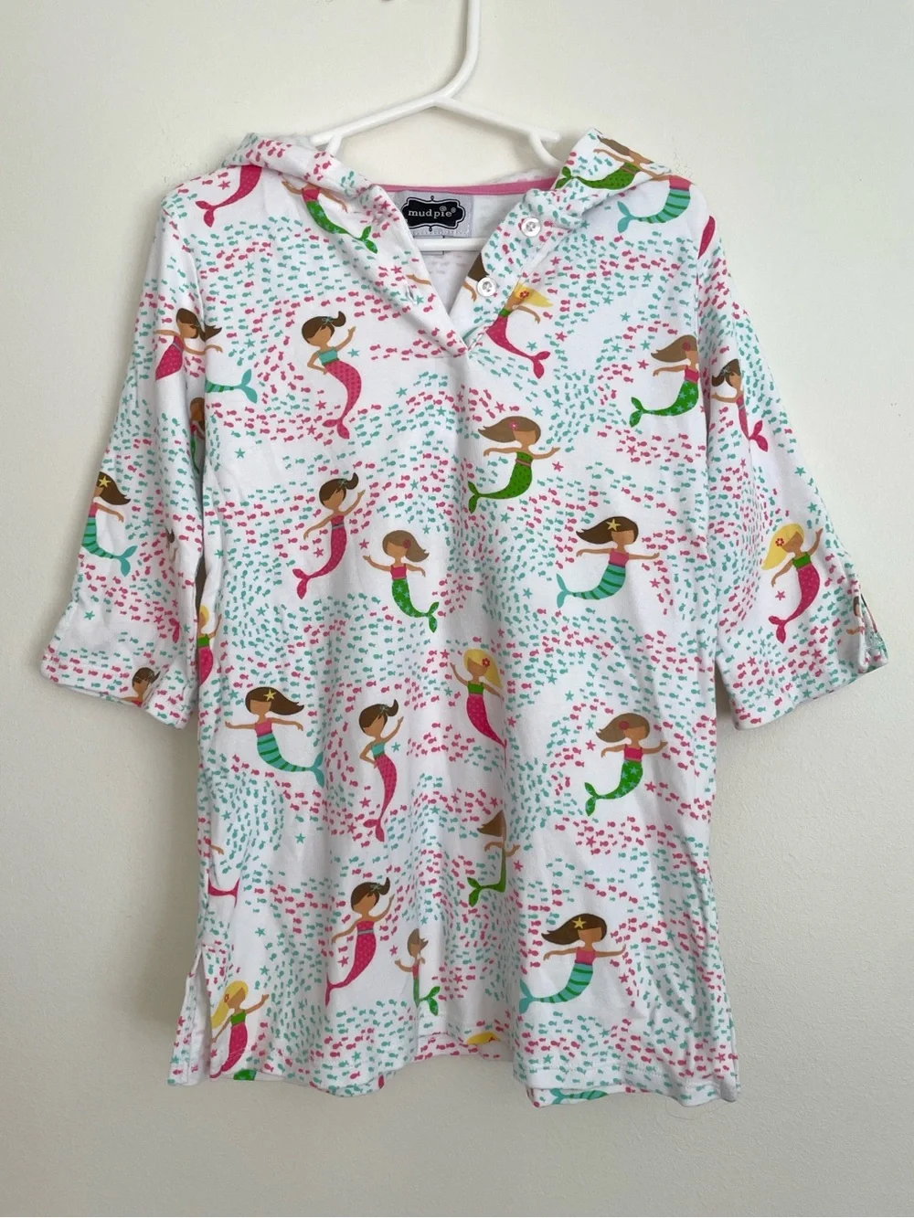 Mud Pie White Hooded Mermaid Swim Coverup with Pink & Green Accents